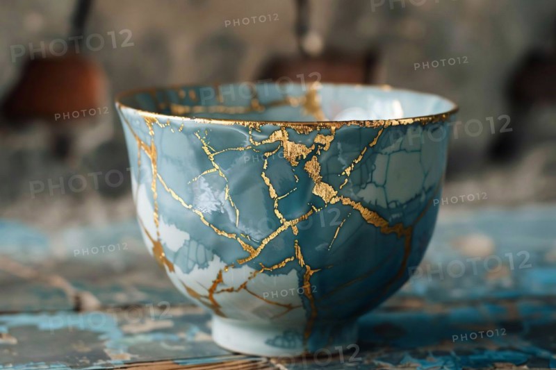 Japanese Kintsugi bowl with ceramic repair technique that uses lacquer mixed with powdered gold. KI generiert, generiert, AI generated