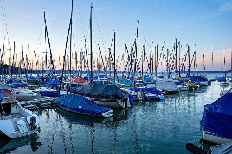 Sailing boats in the evening at the blue hour, marina harbour, Bernried, Lake Starnberg, Upper Bavaria, Bavaria, Germany, Europe
