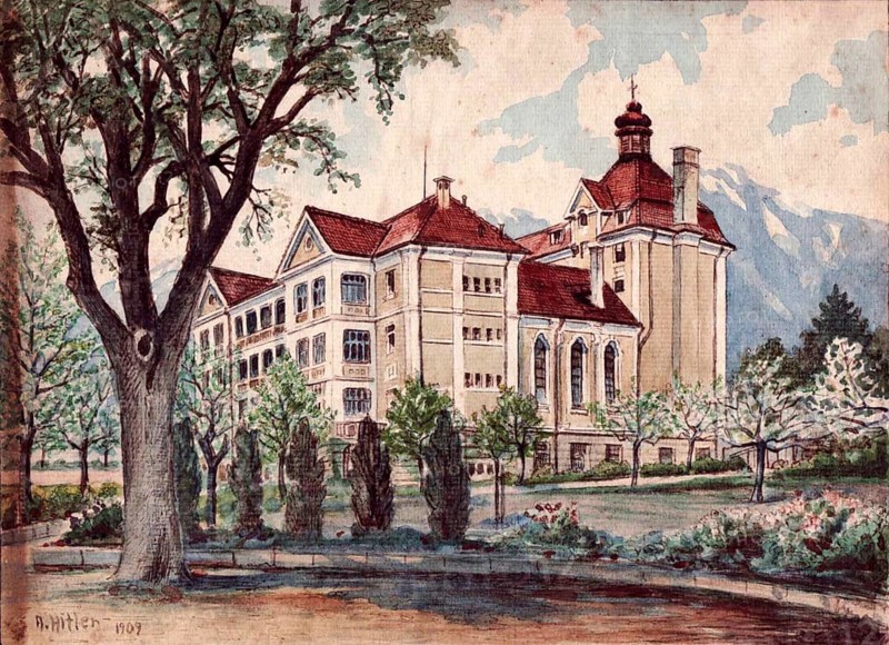 Old Castle with Trees, Painting by Adolf Hitler (1889-1945), Historical, digitally restored reproduction from a 20th century original, public domain, Record date not stated