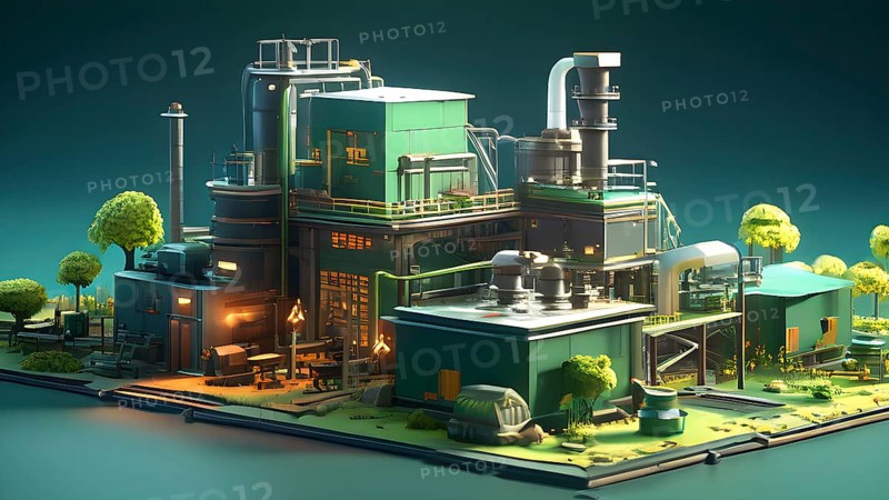 Concept of green configured factory engaged in the act of green washing, AI generated