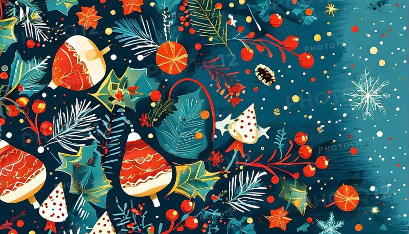 Abstract mix of traditional Christmas symbols arranged in a vibrant modern style, AI generated