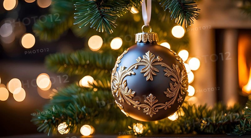 Christmas ornament hanging on a tree, with reflections of twinkling lights and fireplace flames flickering in the background, AI generated