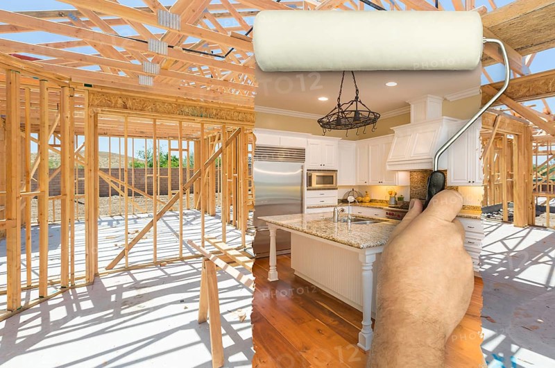 Before and after of man painting roller over construction framing to reveal completed and new kitchen