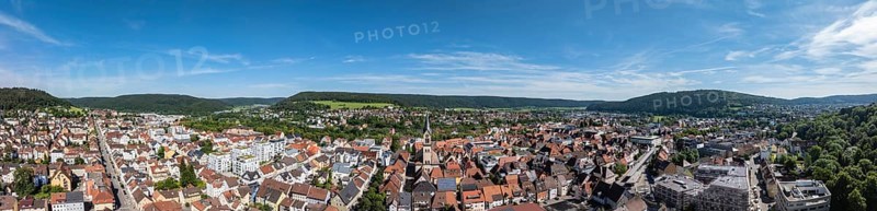 Aerial view, panorama of the city centre of Tuttlingen with the Protestant church of St. Peter and Paul, district of Tuttlingen, Black Forest, Baar, Heuberg, Baden-Württemberg, Germany, Europe