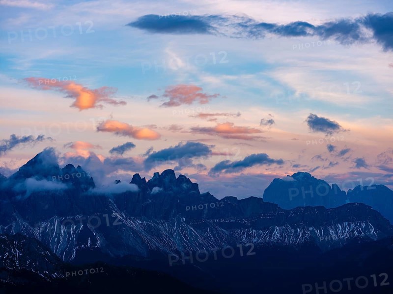 Odle peaks under clouds in the evening light, Val di Funes, Sass Rigais, Dolomites, South Tyrol, Italy, Europe