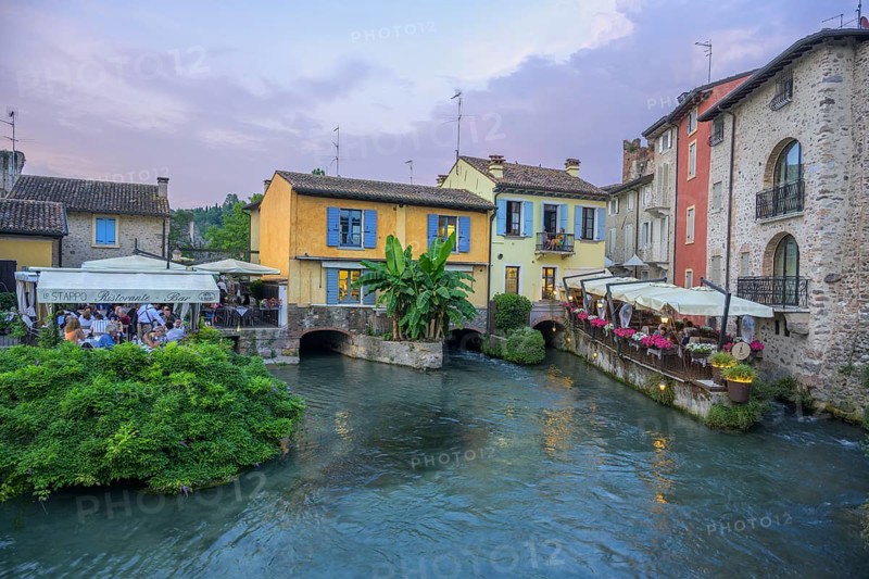 Restaurants on the Mincio River, Borghetto, Valeggio sul Mincio, Province of Verona, Italy, Europe