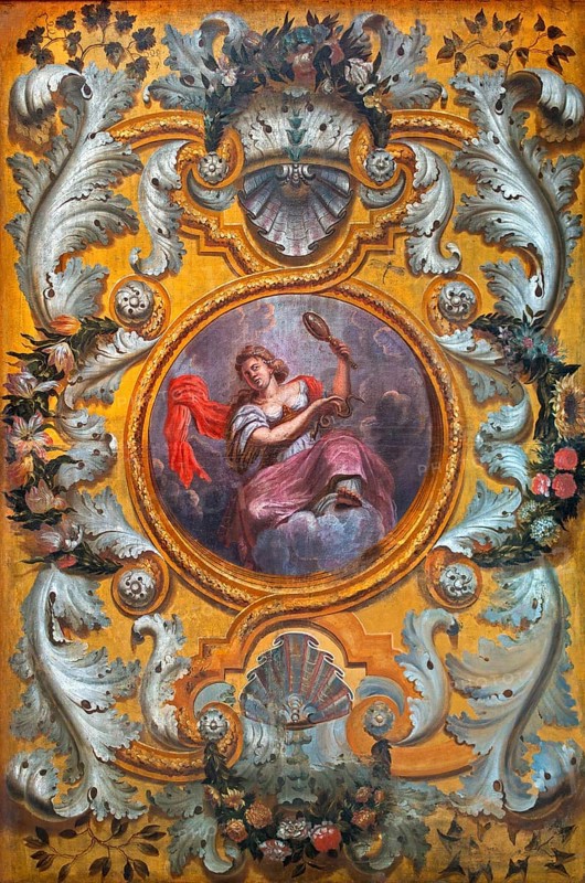 Ceiling decoration of cabinet in the Commandery of Alden Biesen, 16th-century castle at Rijkhoven, Bilzen, province of Limburg, Flanders, Belgium, Europe