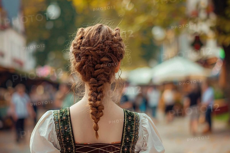 Back view of woman in traditional Dirnd dress with plaited hair in street. Generative Ai, AI generated