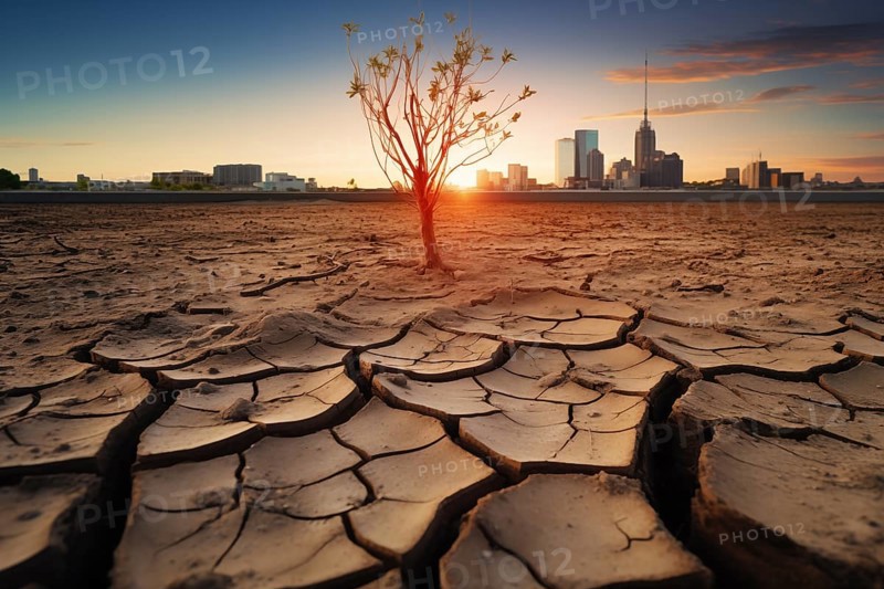 Drought climate change ecology solitude concept, dry dead tree in desert with a dry, cracked ground with city skyscrapers in background on sunset, AI generated