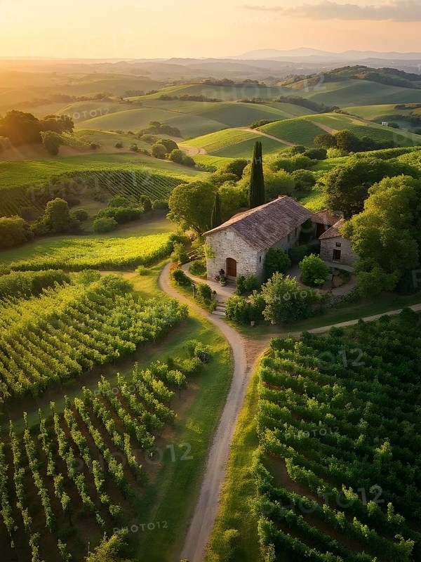 AI generated aerial view of a rustic vineyard cottage nestled amidst lush summer colored vine leaves
