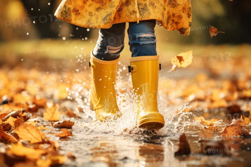 Girl child in yellow rubber boots running through puddle in autumn. KI generiert, generiert, AI generated