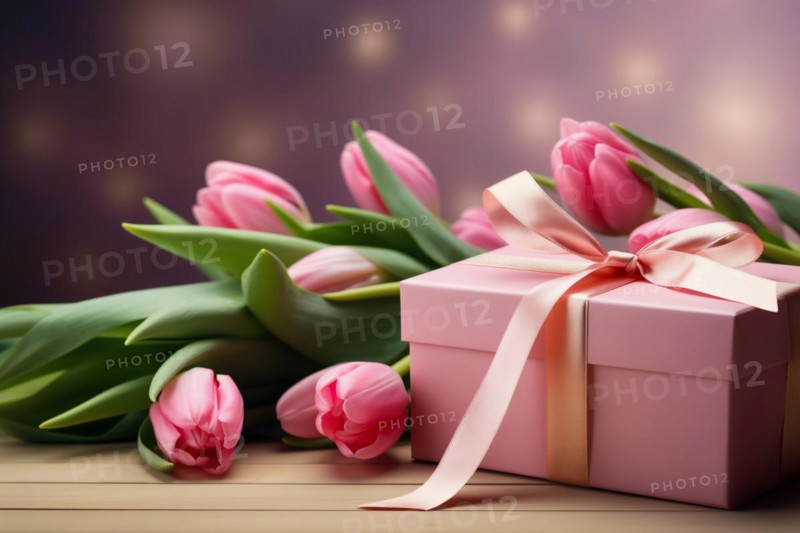 Gift Box with Pink Ribbon Beside bouquet of Fresh Tulips on Bokeh Background. Good for Valentine day, March 8, mother day, spring holidays, birthday designs, AI generated