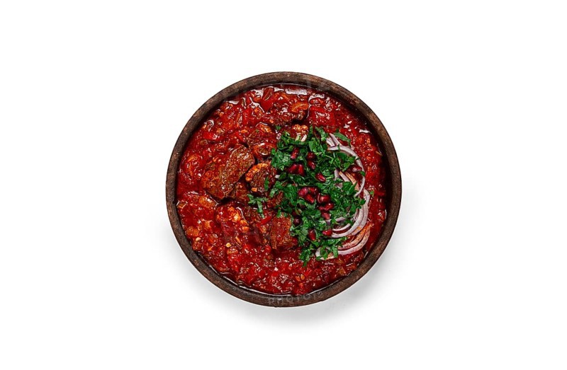 Chashushuli, a traditional Georgian dish, spicy, stewed meat with tomatoes and spices, homemade, no people