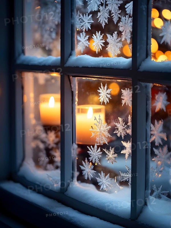 Snow-covered window with frost patterns, candlelight softly glowing through the glass, and warm, blurry Christmas lights in the background, AI generated