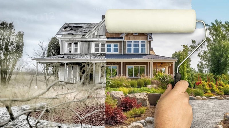 Before and after of man using painting roller over run down house to reveal beautiful finished home, AI generated