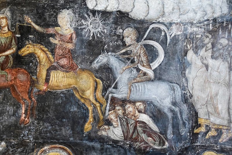 Medieval fresco of apocalyptic horsemen with a skeleton, an angel and a group of people under dark clouds, Asklipio village, Asklipion, Kimisis tis Theotokou church, Rhodes, Dodecanese, Greek Islands, Greece, Europe