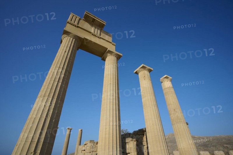 Super wide angle shot, Acropolis of Lindos, morning light, Temple of Athena Lindia, Lindos, Rhodes, Dodecanese, Greek Islands, Greece, Europe