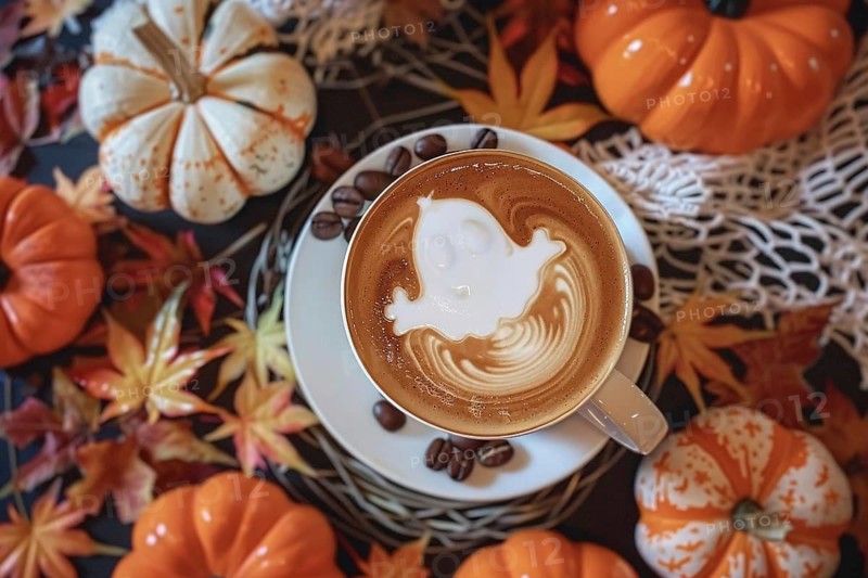 Top view of seasonal pumpkin spice latte with Halloween ghost shaped latte art. Generative Ai, AI generated