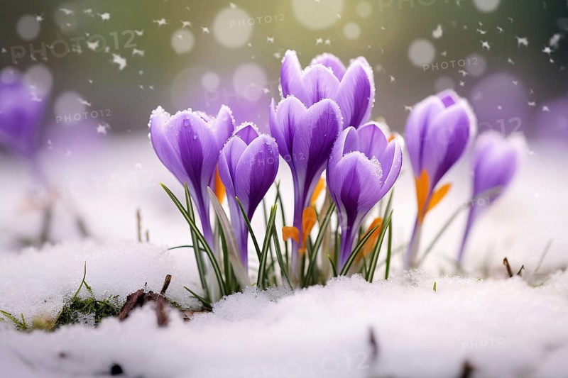 Violet crocus spring flowers in snow. KI generiert, generiert AI generated