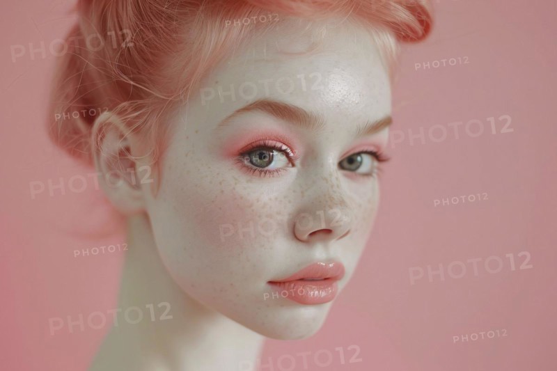 Portrait of beautiful young woman with doll-like features and pink makeup. KI generiert, generiert, AI generated
