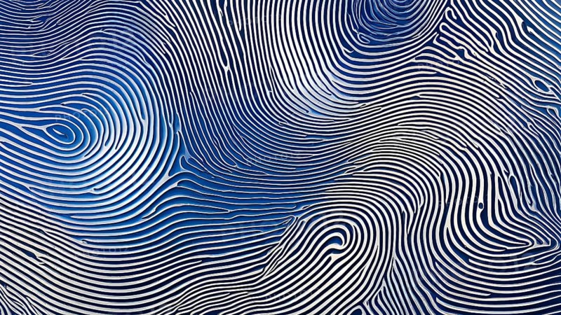 Fingerprint background dominated by swirl patterns in blue hues, AI generated