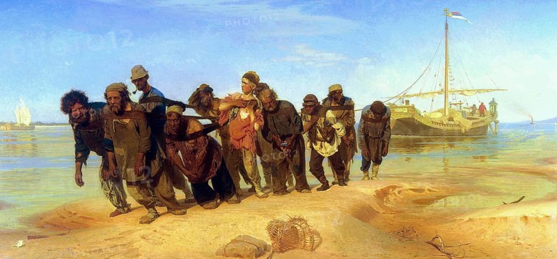 Barge tug on the Volga, 1873, oil on canvas. Ilya Repin (1844-1930), Russian artist. Peasants in rags are used as beasts of burden, the oars cutting into their flesh as they pull a barge through the water