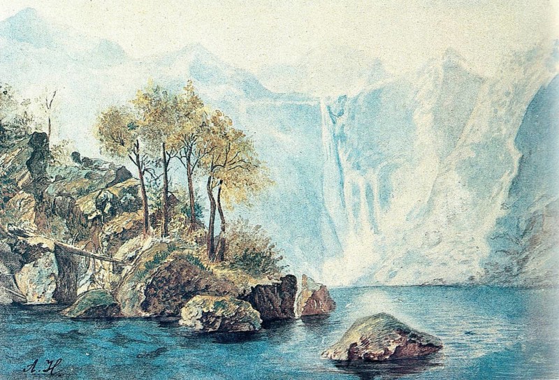 Gebirgssee, Painting by Adolf Hitler (1889-1945), Historical, digitally restored reproduction from a 20th century original, public domain, Record date not stated