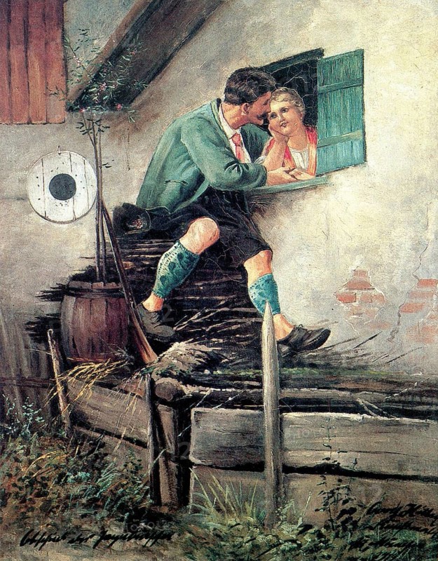 Farewell of the Hunter Boy to his Girl, at the Window, Painting by Adolf Hitler (1889-1945), Historical, digitally restored reproduction from a 20th century original, public domain, Record date not stated