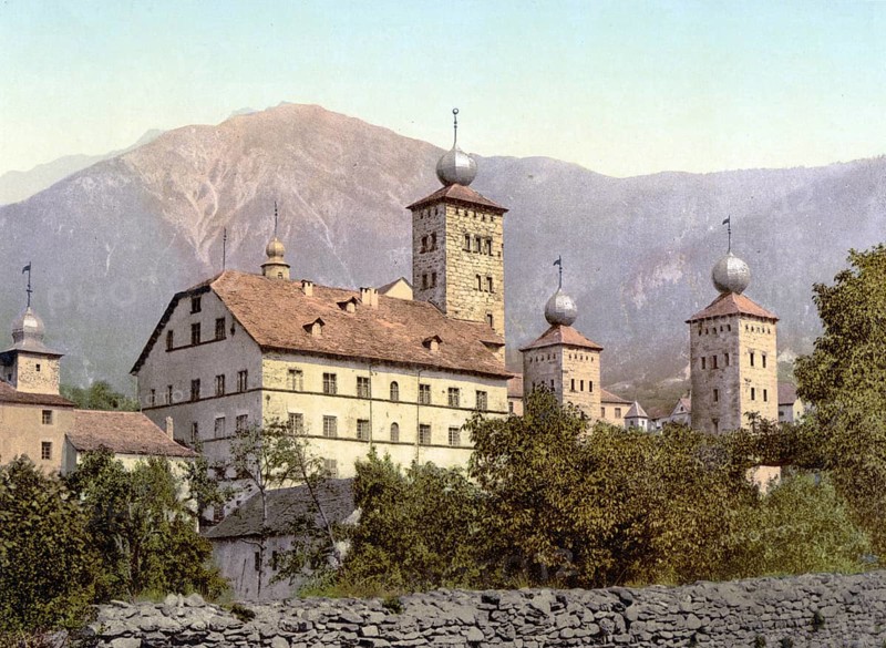 Stockalper Palace, also known as Stockalperpalast, was built between 1651 and 1671 in the Valais town of Brig in Switzerland by Kaspar Stockalper / Stockalper Palace at Brigue, Valais, Switzerland, Historic, digitally restored reproduction from a 19th century original, Record date not stated, Europe
