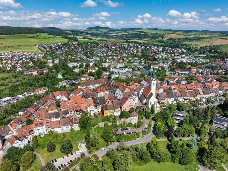 Aerial view of the town of Engen in Hegau with the historic old town, district of Constance, Baden-Württemberg, Germany, Europe