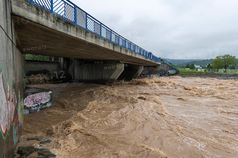 Symbolic image extreme weather, global warming, climate change, barrier, flood protection, bridge, Rems valley, Winterbach, river Rems, Baden-Württemberg, Germany, Europe