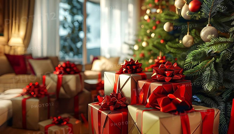 Beautiful wrapped Christmas gifts with shiny ribbons and bows stacked under a evergreen tree in a cozy living room, AI generated