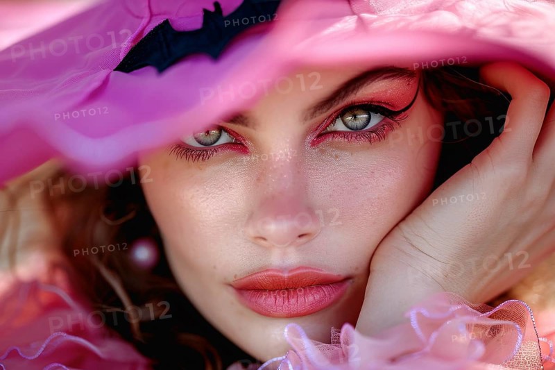 Portrait of young woman dressed up with pink Halloween witch costume. Generative AI, AI generated