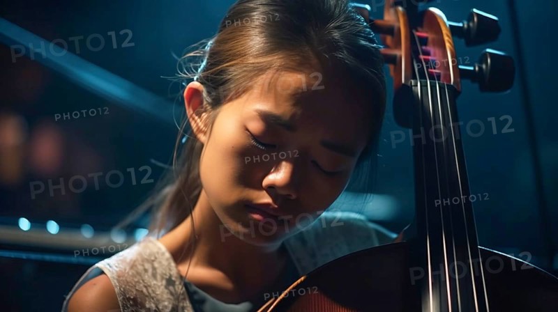 Young asian girl playing her cello at the concert hall under dramatic lights, generatvie AI, AI generated