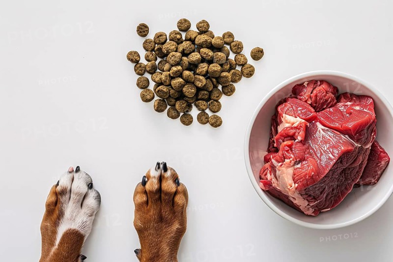 Concept of different feeding methods with dog paws, dry food kibbles and chunk of raw meat on white background. Generative AI, AI generated