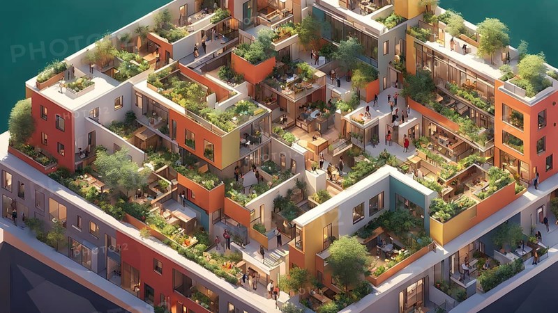 3d render of a compact community of interconnected artists studios in co living, AI generated