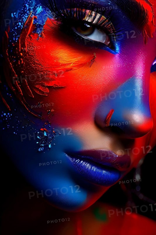 Close up portrait of an intricate eye makeup with vividly colored eyelids, AI generated
