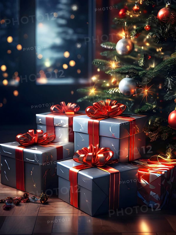 Beautiful wrapped Christmas gifts with shiny ribbons and bows stacked under a evergreen tree in a cozy living room, AI generated