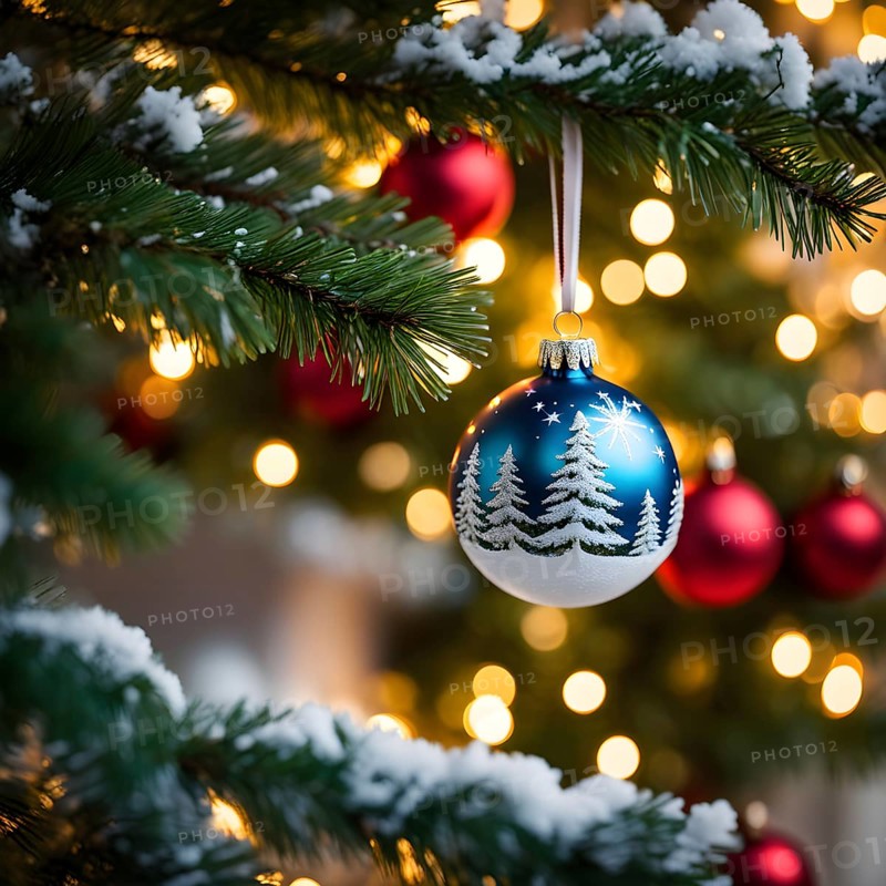 Christmas ornament hanging on a tree, with reflections of twinkling lights and fireplace flames flickering in the background, AI generated