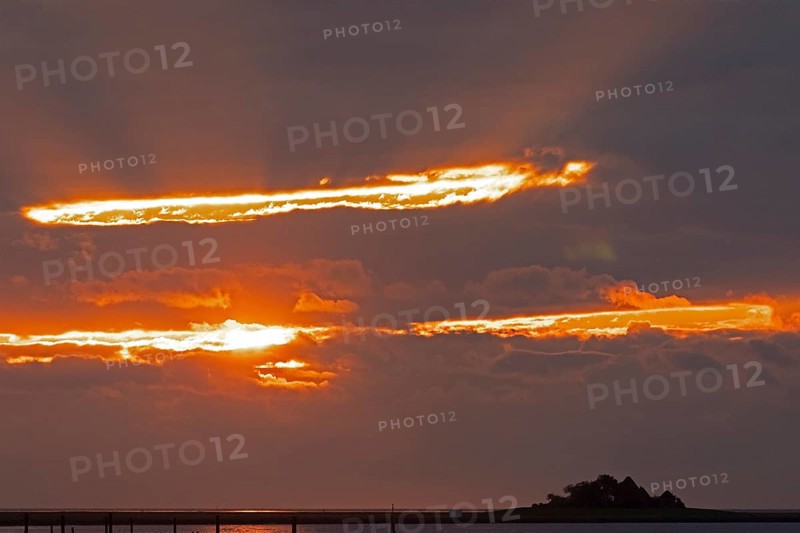 Sunset over Hallig Hooge, Warft, North Frisia, Schleswig-Holstein, Germany, Europe