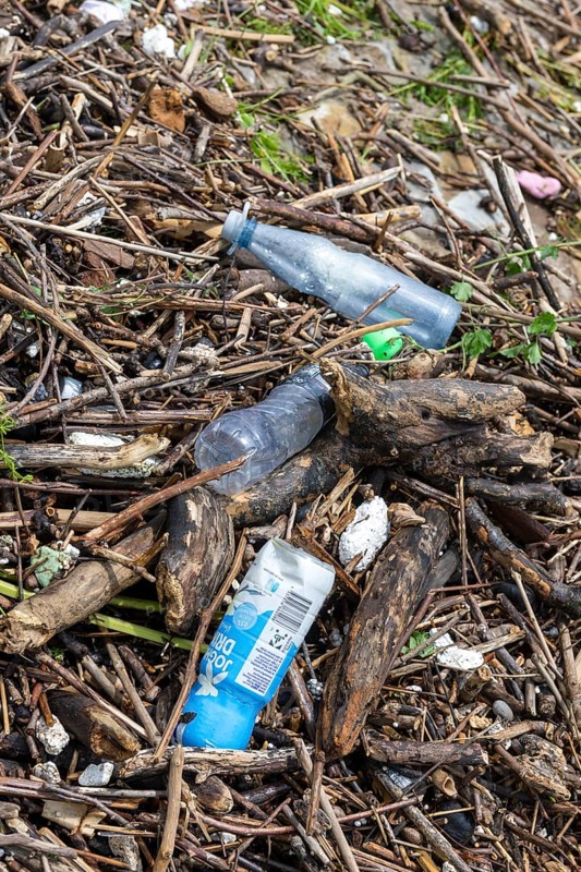 Symbolic image environmental pollution, plastic waste, rubbish, flotsam from a flood on the Neckar river, wood, bottles, Poppenweiler, Baden-Württemberg, Germany, Europe