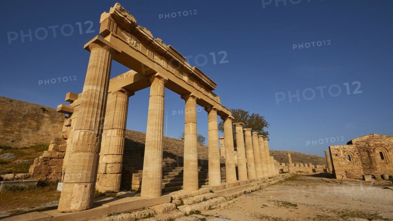 Acropolis of Lindos, morning light, Propylaea, Lindos, Rhodes, Dodecanese, Greek Islands, Greece, Europe