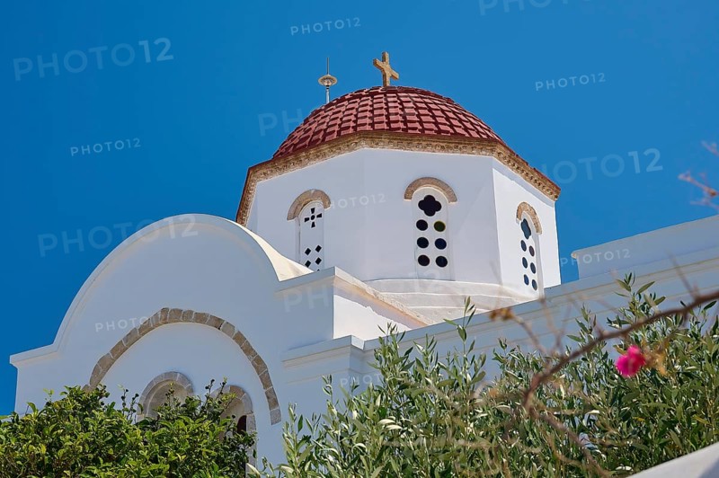 Detailed view of a church with red dome and white walls, surrounded by vegetation, Chora, Old Town, Patmos, Dodecanese, Greek Islands, Greece, Europe