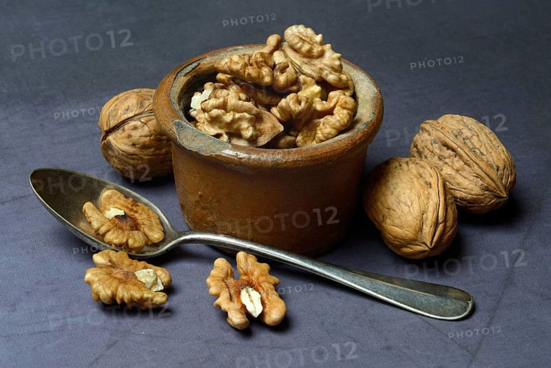 Walnut, walnuts in pots with spoon, Juglans regia