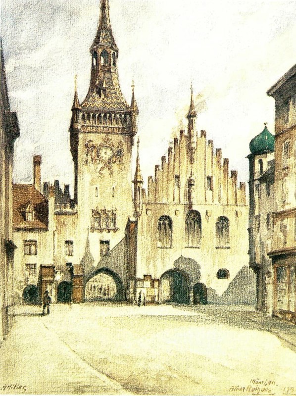 Old Town Hall in Munich, Germany, Painting by Adolf Hitler (1889-1845), Historical, digitally restored reproduction from a 20th century original, public domain, Record date not stated, Europe