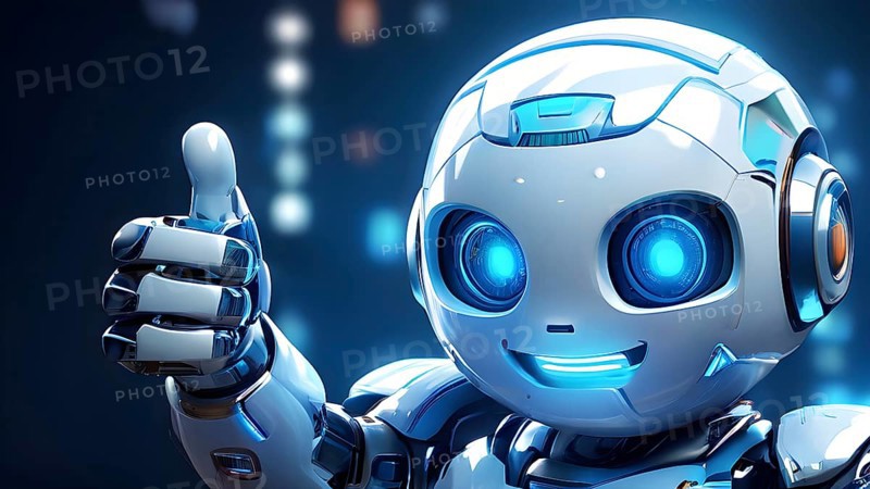 Friendly smiling silver robot with a thumb up symbolizing artificial intelligence, AI generated