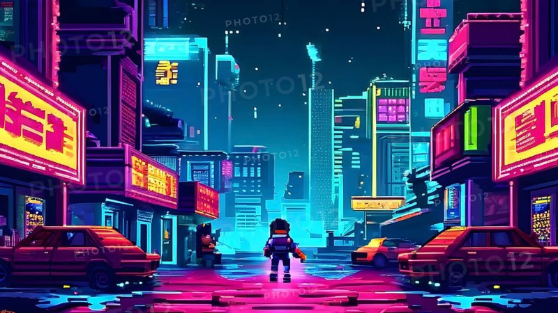 Pixel art illustration of a classic arcade game scene with characters navigating through obstacles, AI generated