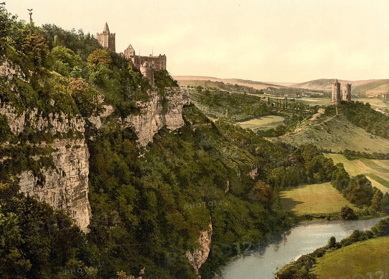 Rudelsburg is a hilltop castle above Saaleck in the Burgenland district of Saxony-Anhalt, Germany, Historic, digitally enhanced reproduction of a photochrome print from 1898, Europe