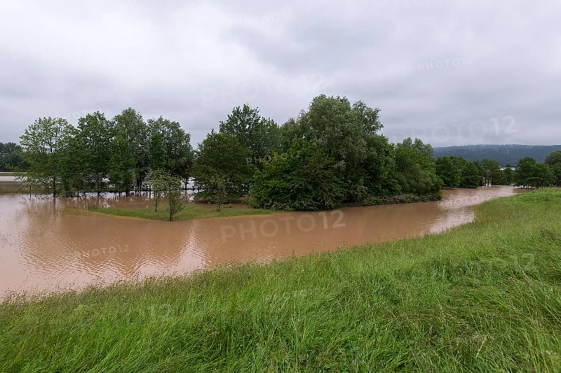 Symbolic image extreme weather, global warming, climate change, flood retention basin, flood protection, flooded meadows, deciduous trees, Rems valley, Winterbach, Rems river, Baden-Württemberg, Germany, Europe