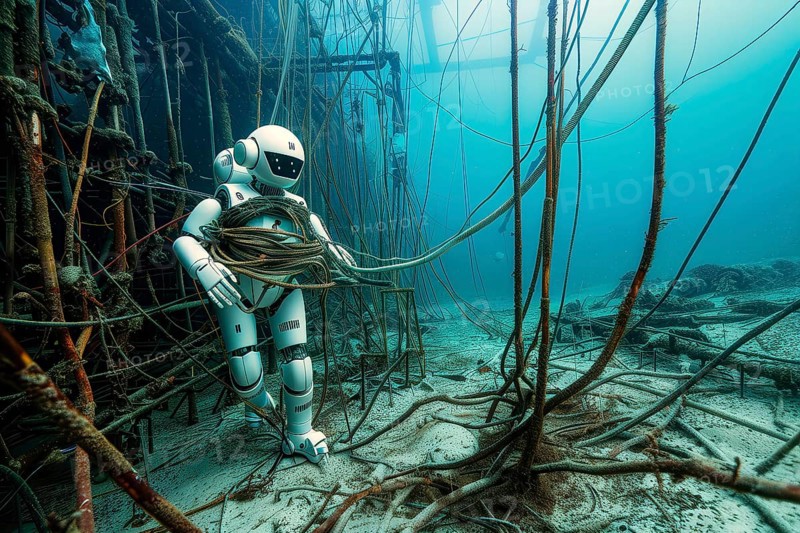 Futuristic humanoid robot entangled in submarine communication cables, AI generated